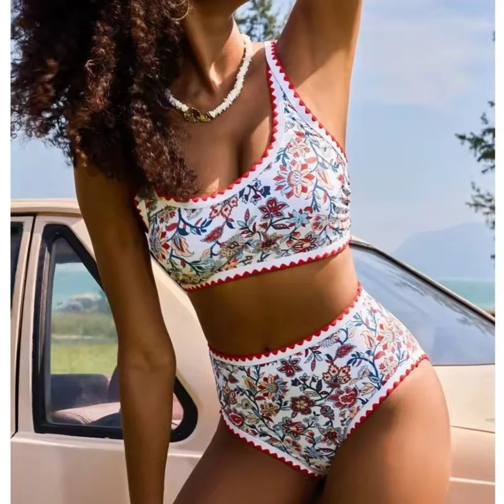 Women's M Floral Print Two Piece Sexy Bikini Set High Waist Round Neck Swimwear